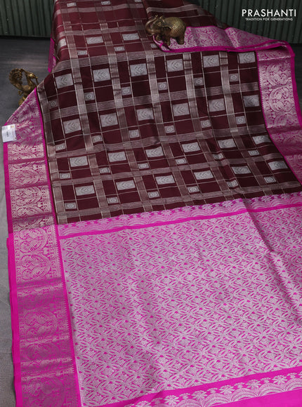 Venkatagiri silk saree coffee brown and pink with allover zari checks & buttas and silver zari woven border