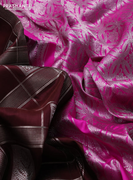 Venkatagiri silk saree coffee brown and pink with allover zari checks & buttas and silver zari woven border
