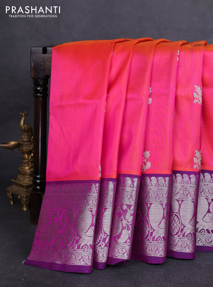 Venkatagiri silk saree dual shade of pinkish orange and dark blue with silver zari woven buttas and silver zari woven annam border