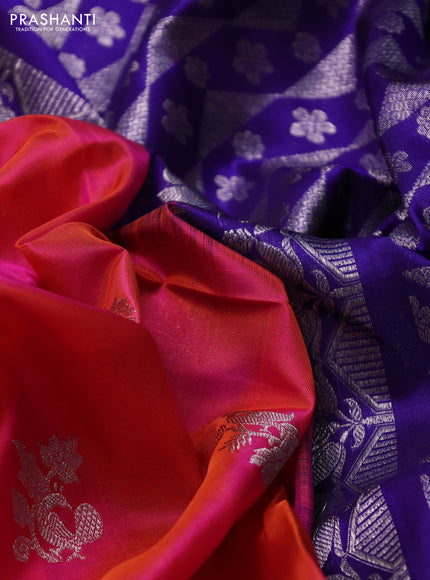 Venkatagiri silk saree dual shade of pinkish orange and dark blue with silver zari woven buttas and silver zari woven annam border