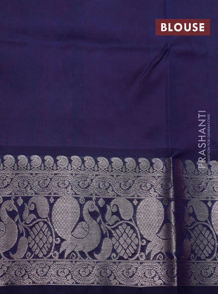 Venkatagiri silk saree dual shade of pinkish orange and dark blue with silver zari woven buttas and silver zari woven annam border