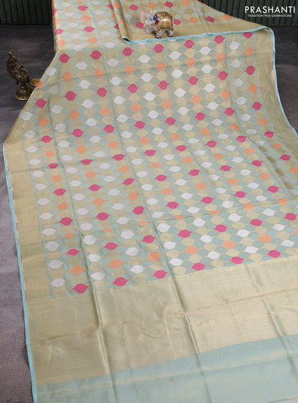 Banarasi tissue uppada silk saree teal blue with allover thread & zari geometric weaves and zari woven border