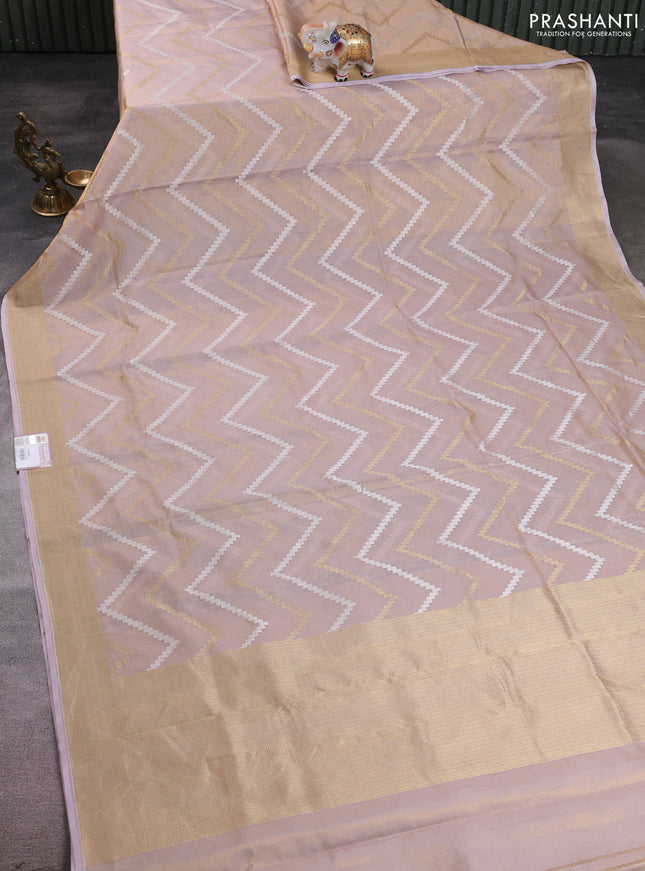 Banarasi tissue uppada silk saree pastel pink with allover thread & zari zig zag weaves and zari woven border