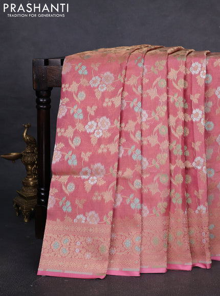 Banarasi tissue uppada silk saree light pink with allover thread & zari floral weaves and zari woven border