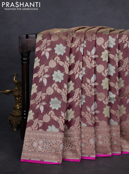 Banarasi tissue uppada silk saree wine and pink with allover thread & zari floral weaves and zari woven border