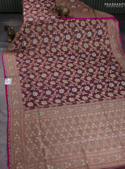 Banarasi tissue uppada silk saree wine and pink with allover thread & zari floral weaves and zari woven border