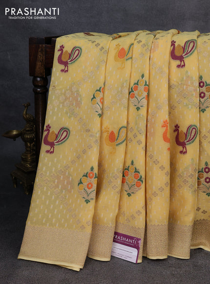 Banarasi semi georgette saree pale yellow with allover thread & zari woven buttas and zari woven border