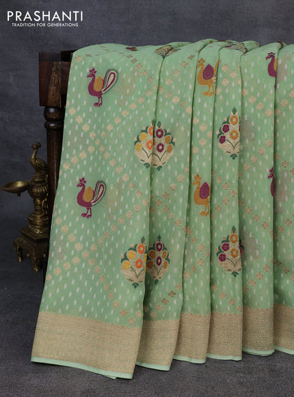 Banarasi semi georgette saree pista green with allover thread & zari woven buttas and zari woven border
