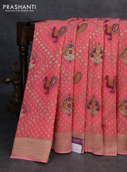 Banarasi semi georgette saree peach orange with allover thread & zari woven buttas and zari woven border
