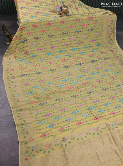Banarasi semi georgette saree pale yellow with allover thread & zari weaves and woven border