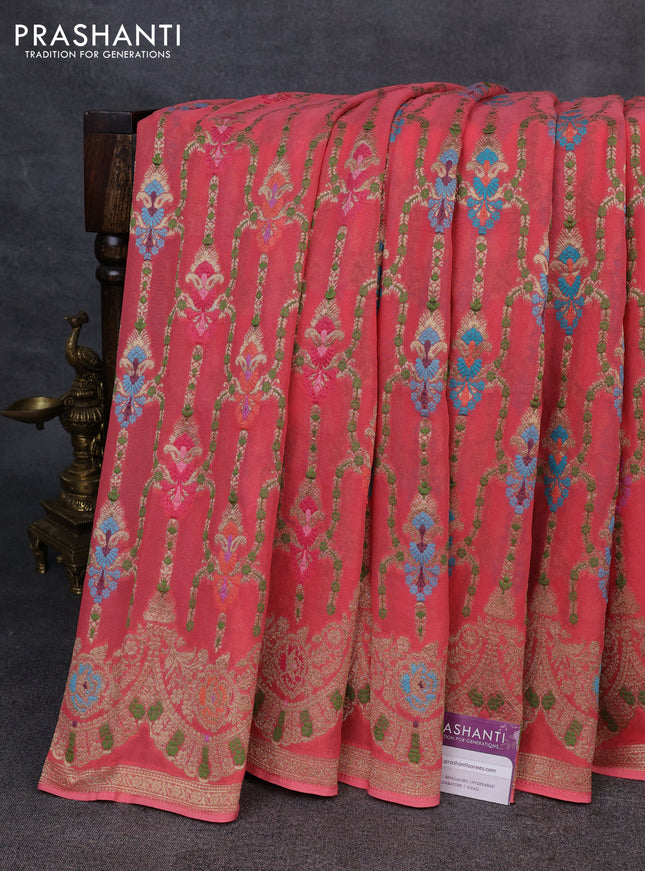 Banarasi semi georgette saree peach orange with allover thread & zari weaves and woven border