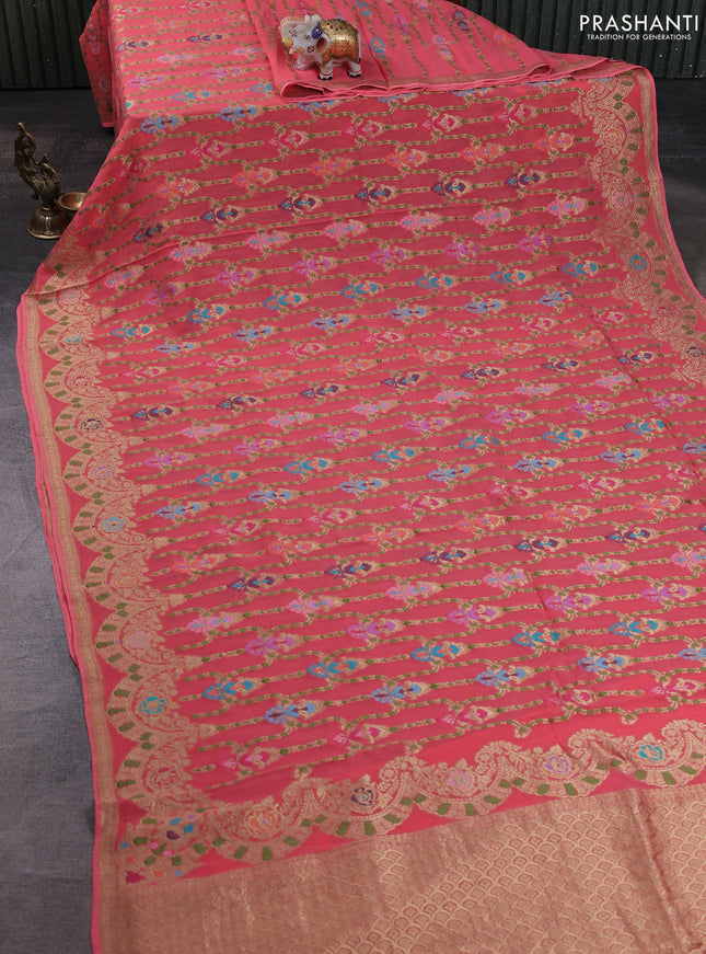 Banarasi semi georgette saree peach orange with allover thread & zari weaves and woven border