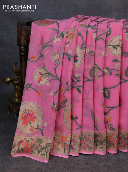 Banarasi semi georgette saree pink with allover thread & zari weaves and woven border