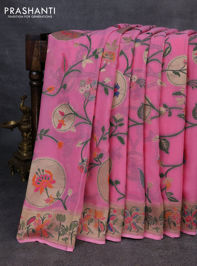 Banarasi semi georgette saree pink with allover thread & zari weaves and woven border