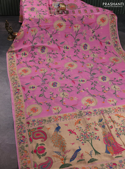 Banarasi semi georgette saree pink with allover thread & zari weaves and woven border