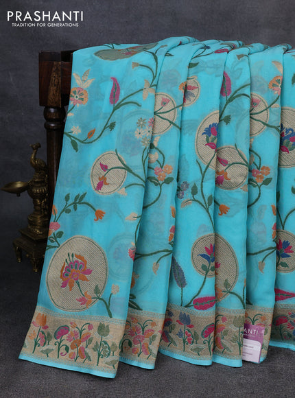 Banarasi semi georgette saree teal blue with allover thread & zari weaves and woven border