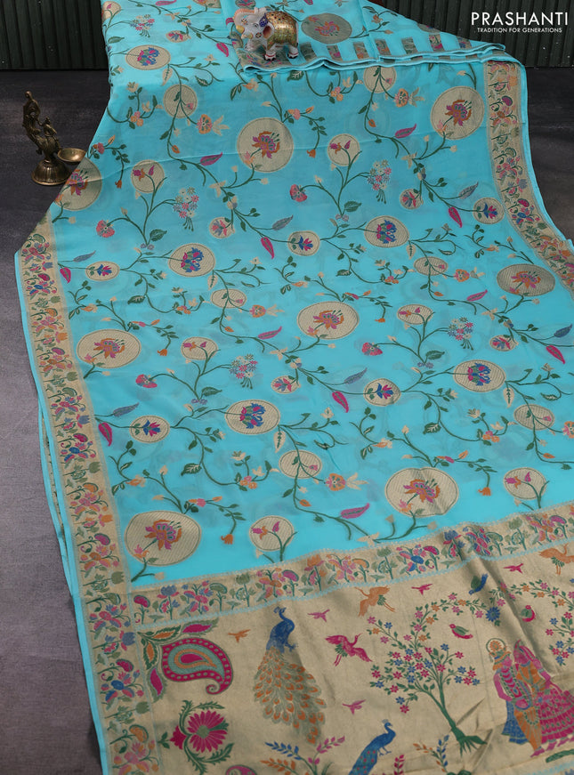 Banarasi semi georgette saree teal blue with allover thread & zari weaves and woven border