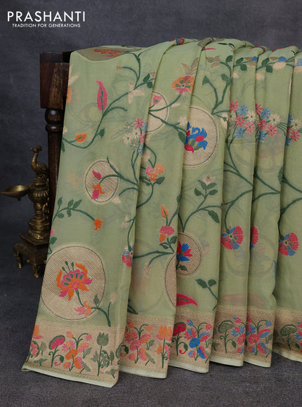 Banarasi semi georgette saree pista green with allover thread & zari weaves and woven border