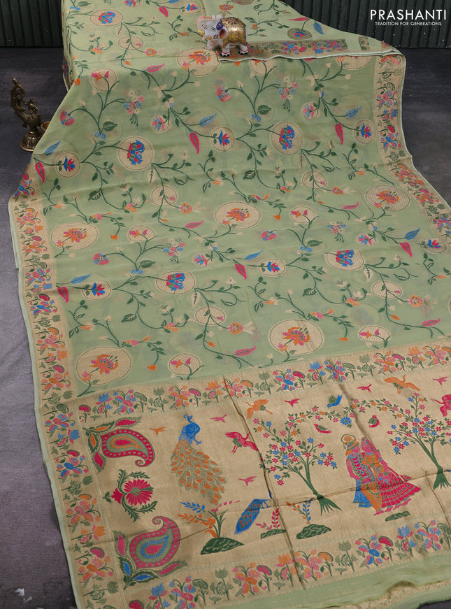 Banarasi semi georgette saree pista green with allover thread & zari weaves and woven border