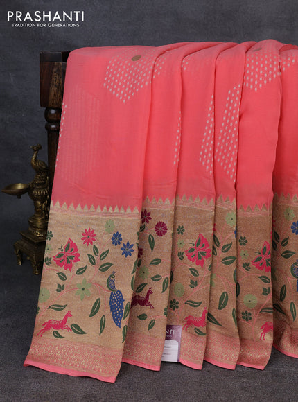Banarasi semi georgette saree peach orange with allover thread & zari woven buttas and paithani style border