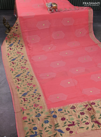 Banarasi semi georgette saree peach orange with allover thread & zari woven buttas and paithani style border