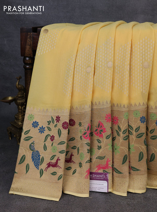 Banarasi semi georgette saree pale yellow with allover thread & zari woven buttas and paithani style border