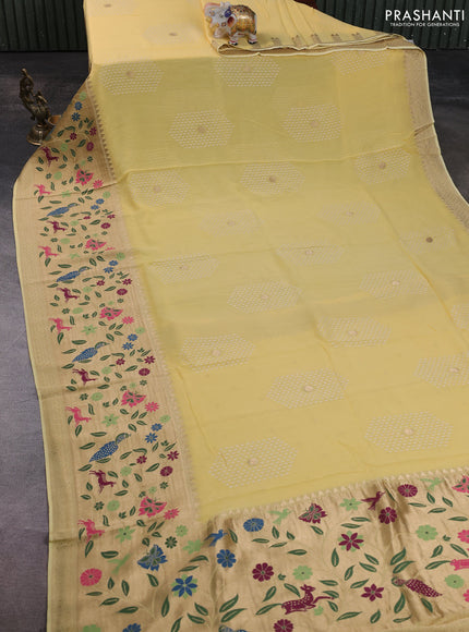 Banarasi semi georgette saree pale yellow with allover thread & zari woven buttas and paithani style border