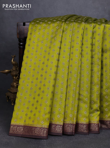 Chiniya silk saree mehendi green and coffee brown with allover thread & zari woven buttas and woven border