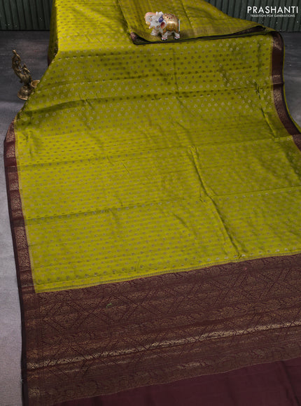 Chiniya silk saree mehendi green and coffee brown with allover thread & zari woven buttas and woven border