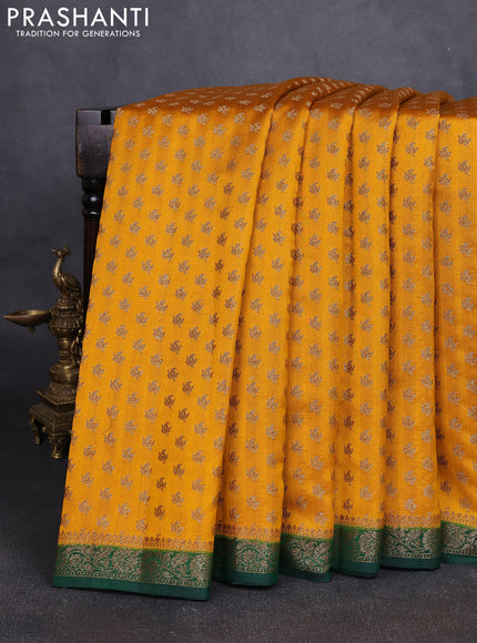 Chiniya silk saree mustard yellow and green with allover thread & zari woven buttas and woven border