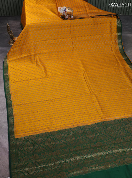 Chiniya silk saree mustard yellow and green with allover thread & zari woven buttas and woven border
