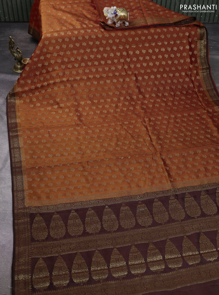Chiniya silk saree orange and coffee brown with allover thread & zari woven buttas and woven border