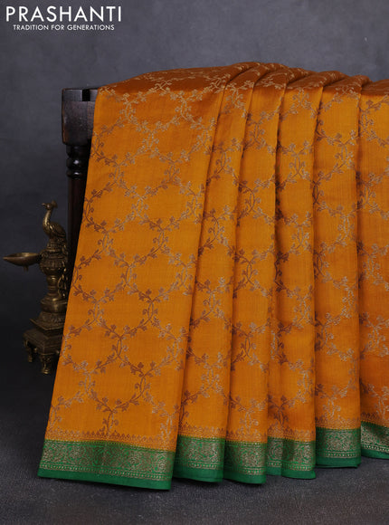 Chiniya silk saree mustard yellow and green with allover thread & zari woven buttas and woven border