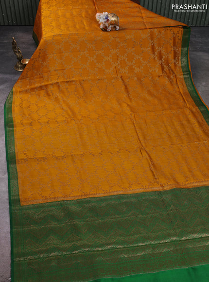 Chiniya silk saree mustard yellow and green with allover thread & zari woven buttas and woven border