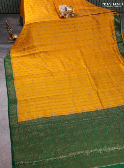 Chiniya silk saree mustard yellow and green with allover thread & zari woven buttas and woven border