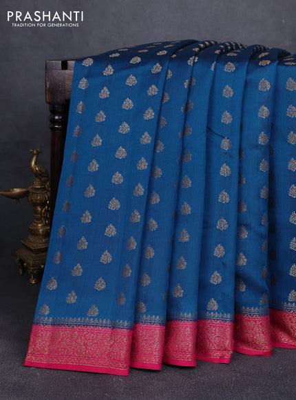 Chiniya silk saree peacock blue and magenta pink with allover thread & zari woven buttas and woven border