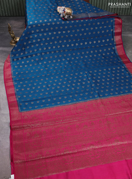 Chiniya silk saree peacock blue and magenta pink with allover thread & zari woven buttas and woven border