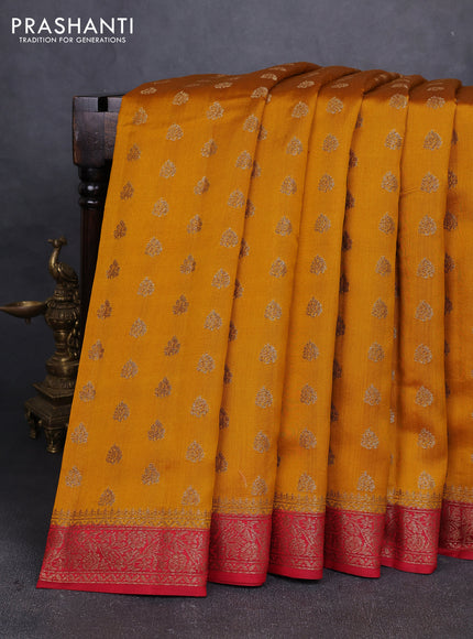 Chiniya silk saree mustard yellow and maroon with allover thread & zari woven buttas and woven border