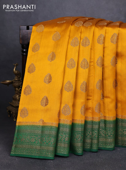 Chiniya silk saree mustard yellow and green with allover thread & zari woven buttas and woven border