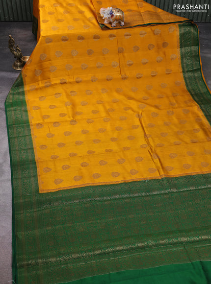 Chiniya silk saree mustard yellow and green with allover thread & zari woven buttas and woven border