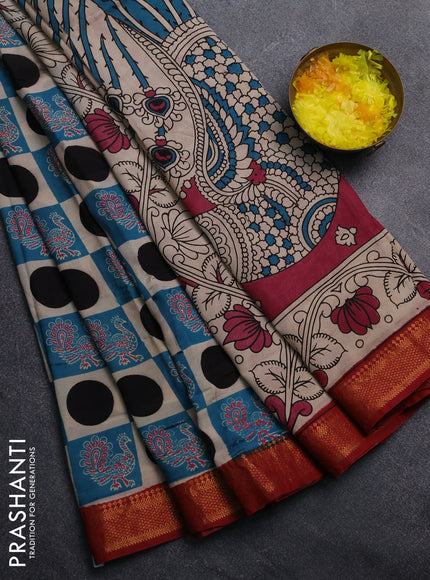 Kalamkari semi silk saree peacock green black and maroon with allover prints and mangalgiri border