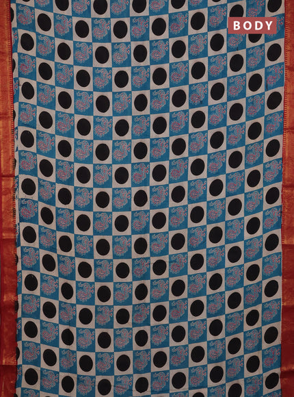 Kalamkari semi silk saree peacock green black and maroon with allover prints and mangalgiri border