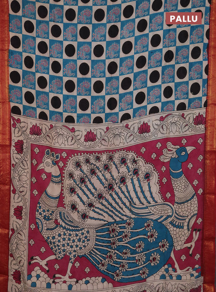 Kalamkari semi silk saree peacock green black and maroon with allover prints and mangalgiri border