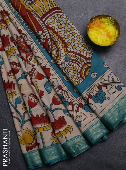 Kalamkari semi silk saree beige and teal green with allover prints and mangalgiri border