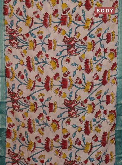 Kalamkari semi silk saree beige and teal green with allover prints and mangalgiri border