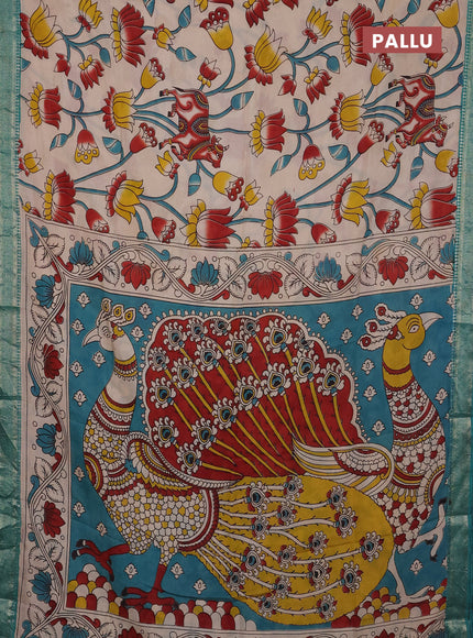 Kalamkari semi silk saree beige and teal green with allover prints and mangalgiri border