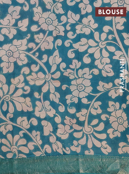 Kalamkari semi silk saree beige and teal green with allover prints and mangalgiri border