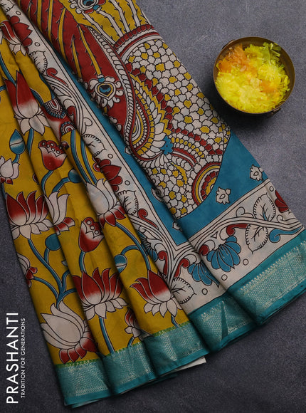 Kalamkari semi silk saree yellow and teal green with allover prints and mangalgiri border