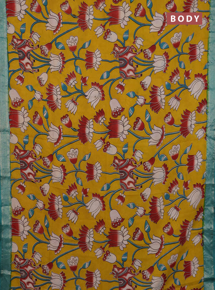 Kalamkari semi silk saree yellow and teal green with allover prints and mangalgiri border