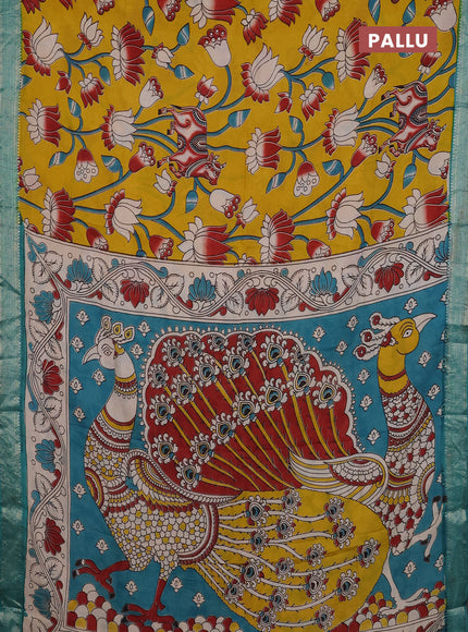 Kalamkari semi silk saree yellow and teal green with allover prints and mangalgiri border